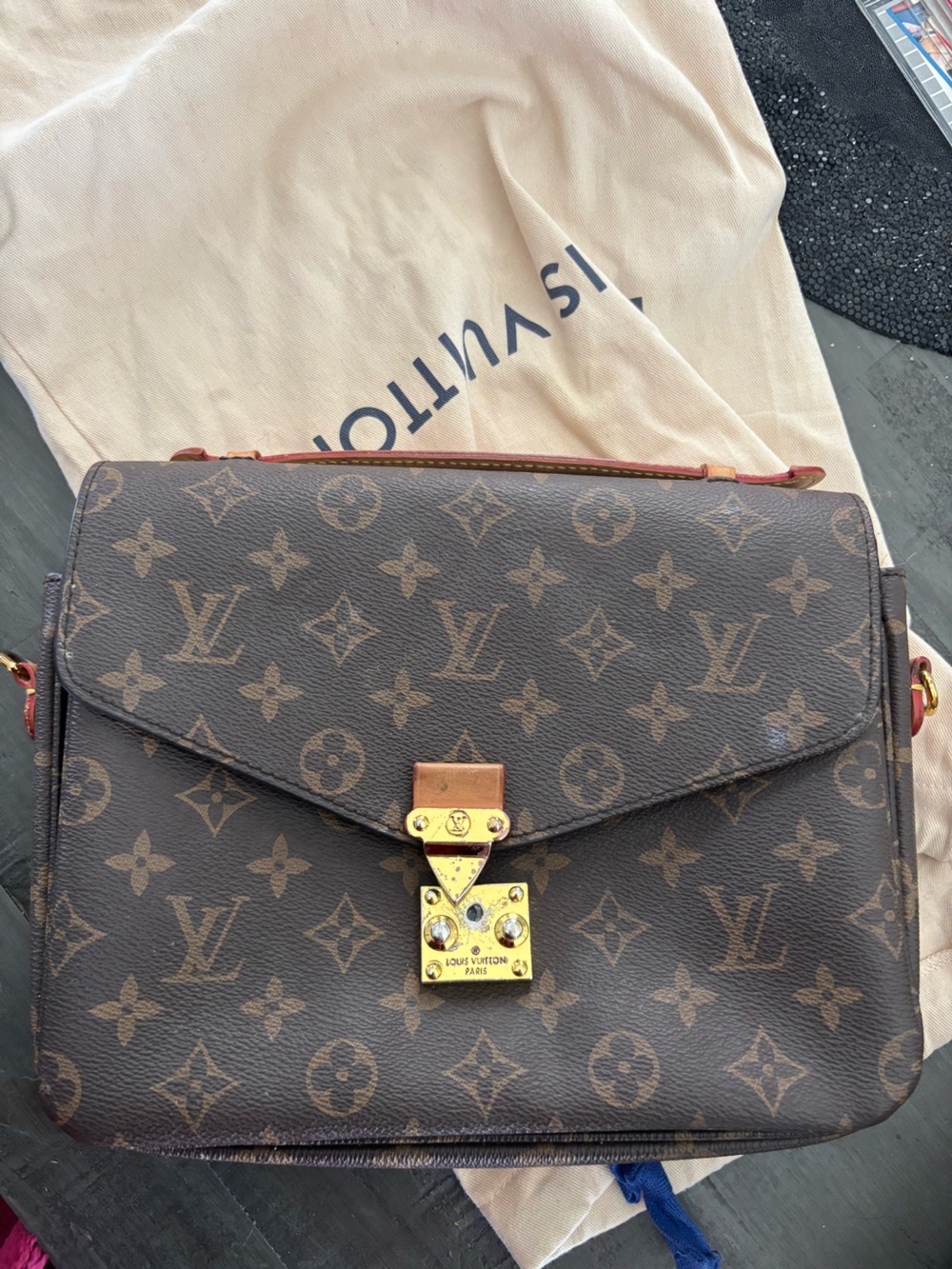 Louis Vuitton Monogram Canvas Satchel with Gold Hardware and Red Trim